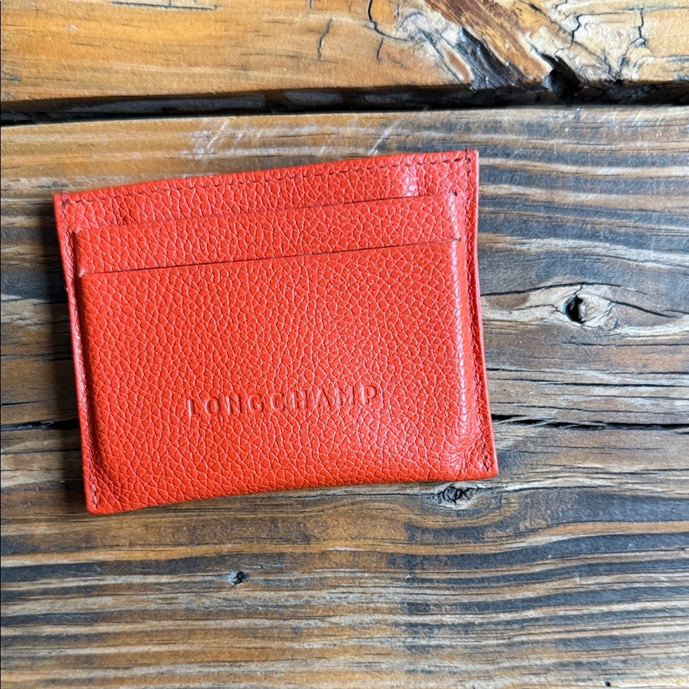 Longchamp Orange-Red Pebbled Leather Card Sleeve